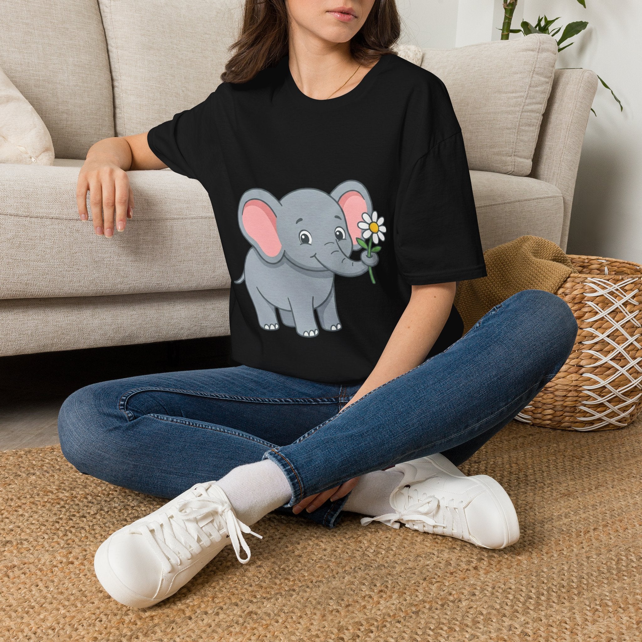 Elephant with Daisy T-Shirt — Cute Baby Elephant Graphic Tee