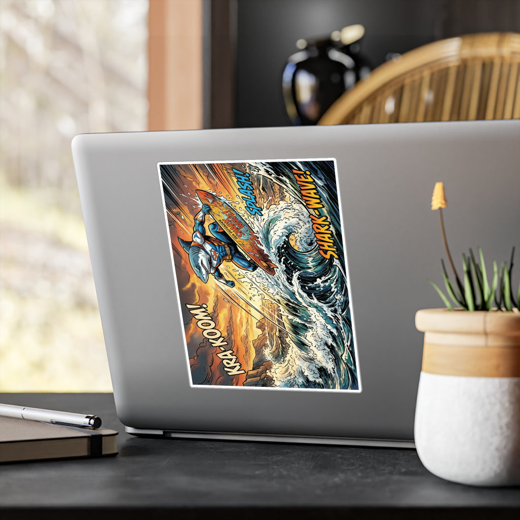 Shark Wave Surfing Kiss-Cut Vinyl Decal — Comic-Style Surfboard Shark Graphic