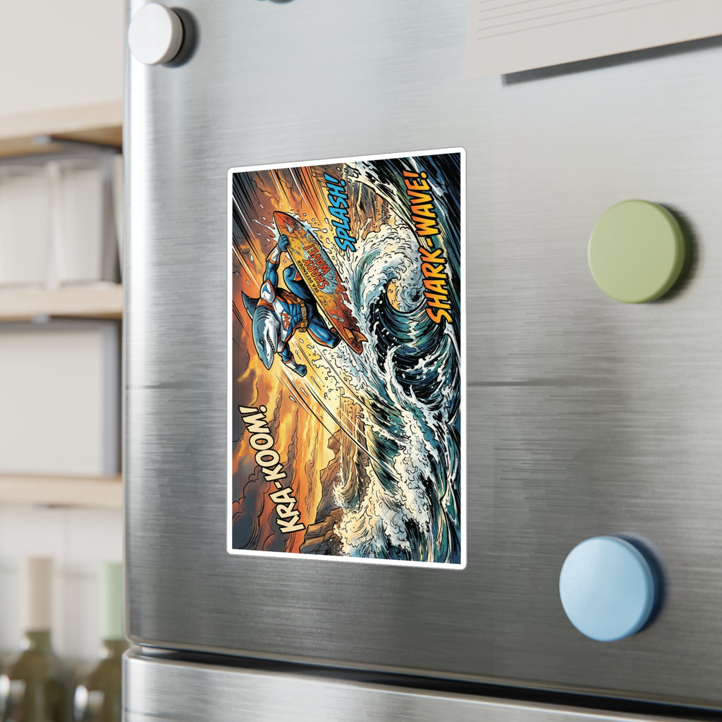Shark Wave Surfing Kiss-Cut Vinyl Decal — Comic-Style Surfboard Shark Graphic