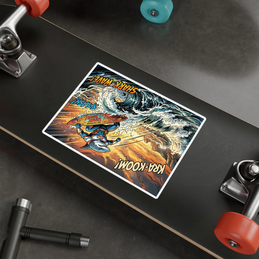 Shark Wave Surfing Kiss-Cut Vinyl Decal — Comic-Style Surfboard Shark Graphic